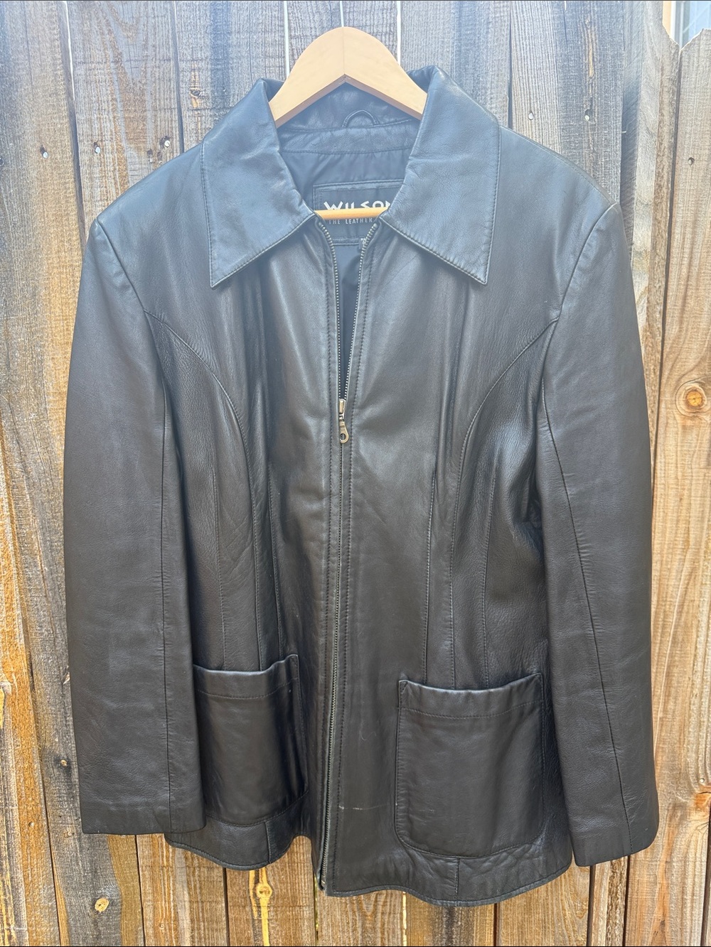 Wilsons Leather Black Leather Collared Jacket with Front Patch Pockets